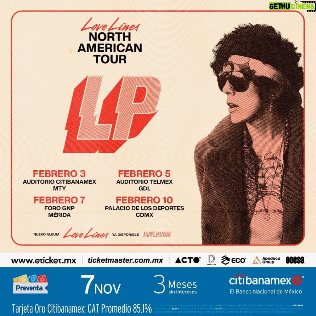 LP Instagram - Mexico!! Let’s go! I’ll be heading your way in February. Set your alarms, and see you very soon. Te amooooo 🇲🇽 Presale is Tuesday Nov 7th at 11 AM MX General on-sale is Wednesday Nov 8th at 11 AM MX