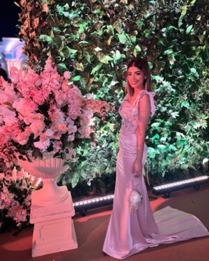 Layla Ahmed Zaher Instagram - From yesterday’s wedding 💗 

Dress: @bycherry_mustafa 
Stylist: @mayajules 
Makeup: @dinaelkasheff 
Hair: @alfredmakram 
Jewelry: @iramjewelry_ 
Clutch: @treasure_box_by_rashmaa