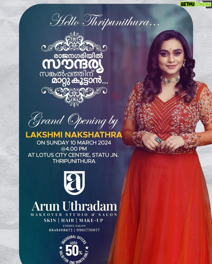 Lakshmi Nakshathra Instagram - Hello Thripunithura 💫 Welcoming you all for the Grand Opening of @arun_uthradam_makeover_studio , tomorrow @ 4 PM #lakshminakshathra