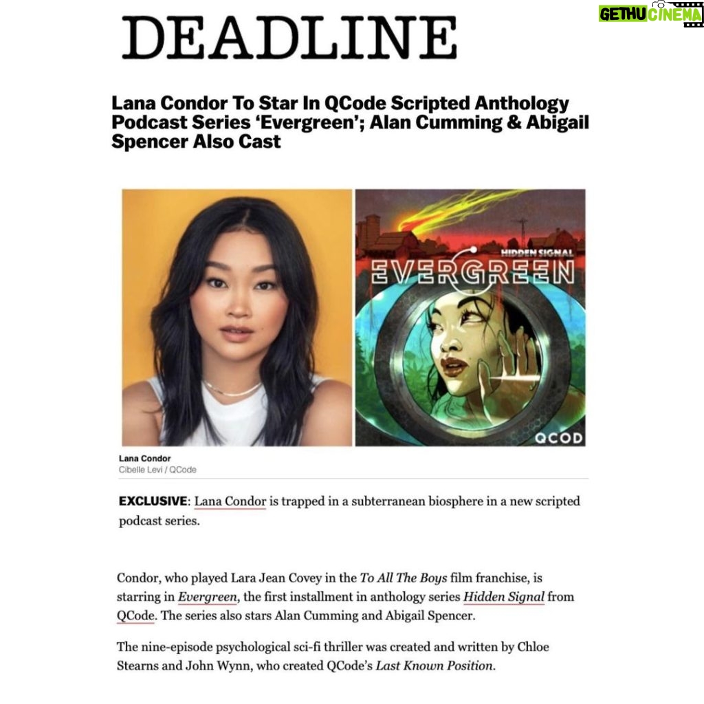 Lana Condor Instagram - Our passion project has come to life! AI, The End of The World, Forced Survivors… this is EVERGREEN! Diving into the scripted podcast story telling world has been an absolute dream, and telling this story, alongside the most incredible cast and team, has been nothing short of magical. I can’t wait for you all to listen… you know how I read all those crazy thriller novels all the time? Well… now I get to be a part of one 🥹. Premiering on May 25th anywhere you listen to podcasts!
