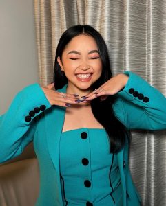 Lana Condor Instagram - Press Day 2 @teenagekrakenmovie - we are playing with a lot of color and I am HERE for it 💙🥹. Swipe for burrito cuz duh