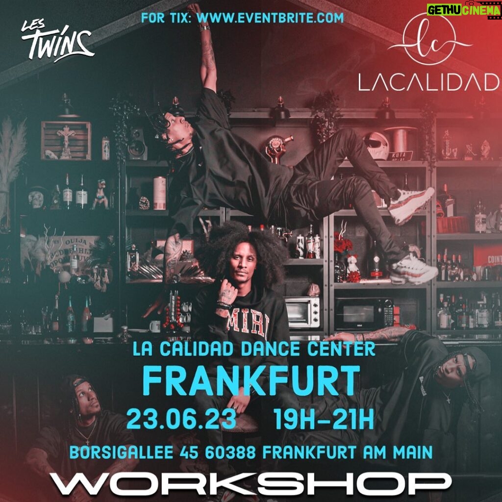 Laurent Bourgeois Instagram - FRANKFURT…GET READY!! 23.06.23| DANCE WORKSHOP at @lacalidaddancecenter 7pm 🎟️link in Bio for Tix <<<<<< SWIPE LEFT<<<<<<< 24.06.23 |OFFICIAL LES TWINS AFTERPARTY at @zoomclubfrankfurt 🎟️ Link in Bio #lestwins #workshoptour #hiphop #danceworkshop #afterparty #dance #music #party #tourlife #renaissance