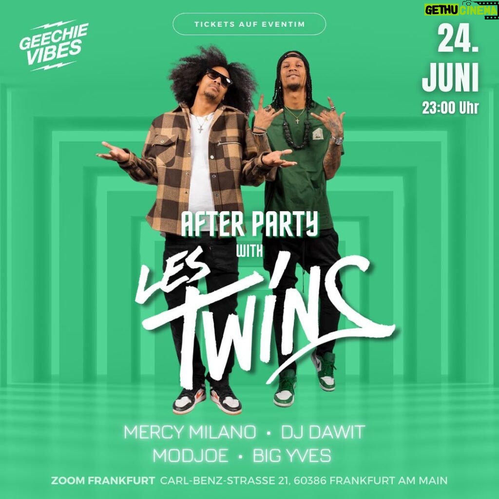 Laurent Bourgeois Instagram - FRANKFURT…GET READY!! 23.06.23| DANCE WORKSHOP at @lacalidaddancecenter 7pm 🎟️link in Bio for Tix <<<<<< SWIPE LEFT<<<<<<< 24.06.23 |OFFICIAL LES TWINS AFTERPARTY at @zoomclubfrankfurt 🎟️ Link in Bio #lestwins #workshoptour #hiphop #danceworkshop #afterparty #dance #music #party #tourlife #renaissance