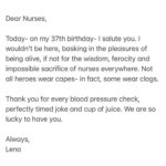 Lena Dunham Instagram - #DearNurses THANK YOU 🙏 #WithLove, Lena I nominate @missrosamercury, @georgiewileman and @mimibutlin to write and share your own #DearNurses letter of appreciation