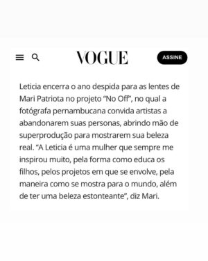 Letícia Spiller Instagram - Um prazer sem tamanho finalizar o ano expandindo os horizontes e ampliando o alcance da minha história como fotógrafa. Há 15 anos que fotografo pessoas anônimas com um intuito de fazê-las entender a potência que possuem e que sim, todos são maravilhosos na sua individualidade. 

Agora lanço o Projeto “NO OFF - Quem é você atrás das câmeras”? 

Trazendo personalidades famosas pelo grande público, frequentemente retratadas em produções grandiosas e com uma estética impecável.

A proposta central é convidar essas figuras influentes a abandonarem suas personas, buscando capturar o que vai além delas: indivíduos autênticos, com sua própria beleza real.

O propósito desse projeto é promover uma jornada de transformação coletiva, permitindo que o público enxergue seus artistas favoritos como pessoas reais, sem retoques, celebrando a autenticidade de ser quem realmente são. 

Ter a Letícia como a primeira mulher participante desse projeto foi grandioso pra mim. Uma mulher madura, sensível, forte e divertida.

Sempre soube que seria incrível nosso 
encontro. Mas foi um encontro real de duas mulheres com as mesmas questões que passam pelas mesmas situações. E por essa verdade, esse encontro foi além. 

Quero agradecer ao meu time ( porque ninguém faz nada sozinho ) pelo empenho. 

Nós acreditamos nitidamente no potencial um do outro desde o primeiro momento e essa confiança é o que faz toda a  diferença no resultado de qualquer projeto. 

Estamos só começando! ✨