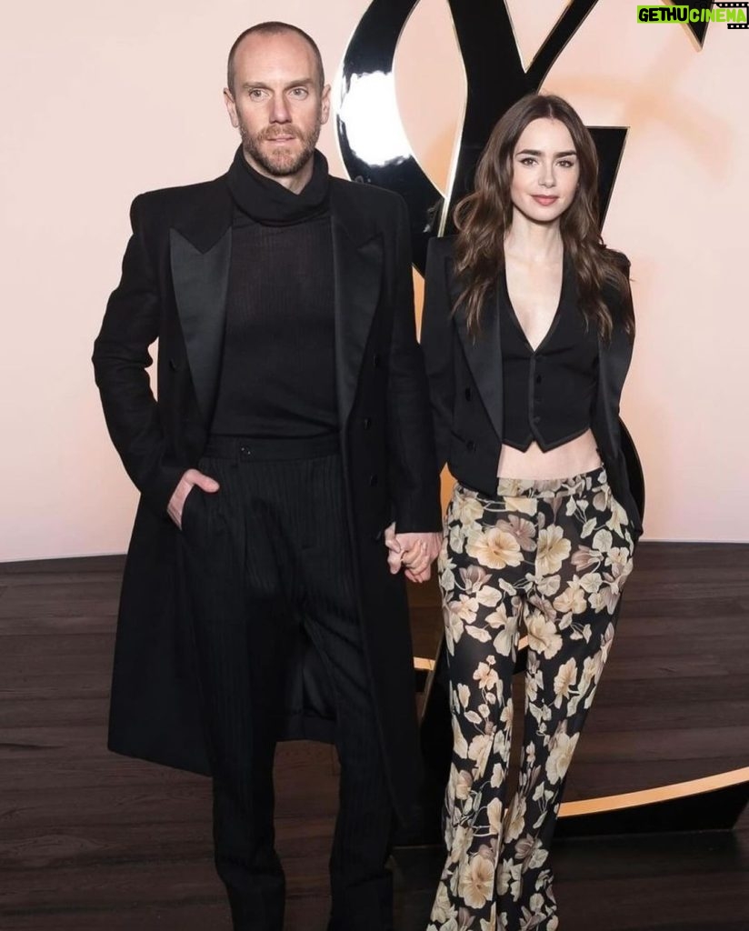 Lily Collins Instagram - Date night at @ysl. @anthonyvaccarello how do you constantly redefine “cool” and elevate what it means to be truly, authentically chic? Your shows are always such a gift to witness and your clothes, an honor to wear. Thank you for having us!…