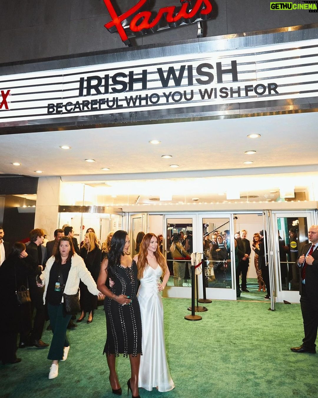 Lindsay Lohan Instagram - So grateful for all of the love and support ☘️🥰 Makeup: @kristopherbuckle Hair: @daniellepriano Styling: @marielhaenn #randm @robzangardi Nails: @enamelle Photography: @iam_newyorkmade Dress: Archive @jgalliano Shoes: @casadeiofficial Coat: @sentaler Earrings: @worldofreza Bag: @huntingseasonnyc Bracelets: @hoorsenbuhs @vraiofficial #netflix #netflixfilm #irishwish