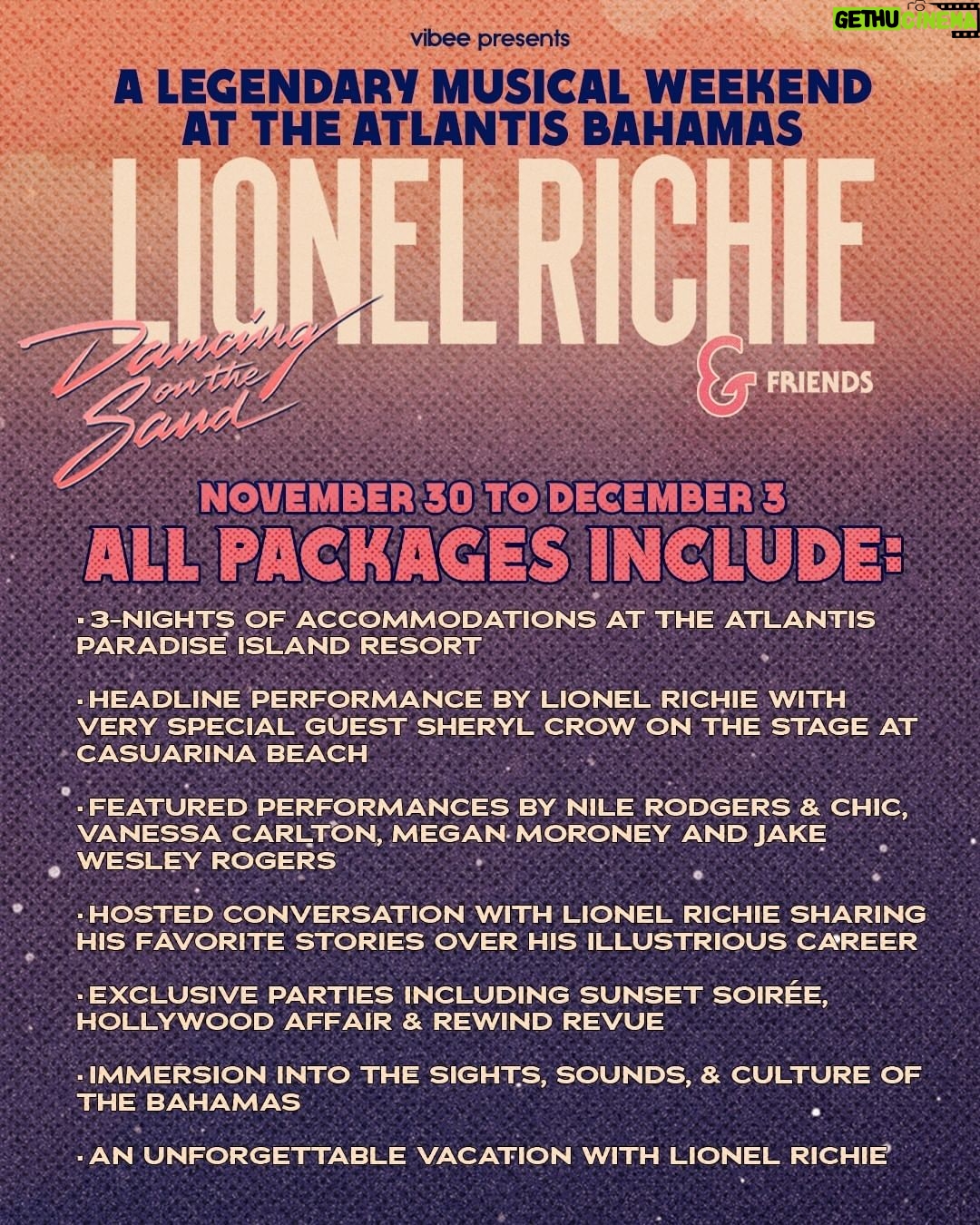 Lionel Richie Instagram - Join me for Dancing On The Sand in the Bahamas. Book your 3 night tropical getaway now at: https://vbee.co/lionel or via the link in my bio - Can't wait to see you all there! 🎶