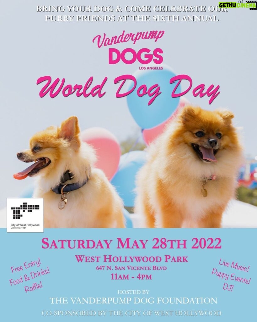 Lisa Vanderpump Instagram - Can’t wait to see everyone @VanderpumpDogs Sixth Annual WORLD DOG DAY this weekend! Join us Saturday, May 28th at the West Hollywood Dog Park for a fun filled day of tail wagging activities at our outdoor event, celebrating and supporting dogs both domestically & internationally! There will be lots of fantastic vendors, food & drink, doggy fashion shows, doggy events, adoptions, music, entertainment and more! This year’s World Dog Day will be Co-Sponsored by The City of West Hollywood (@wehocity) as part of the City’s Celebration of Pet Week, with @nutrisourcepetfoods as our Title Sponsor!