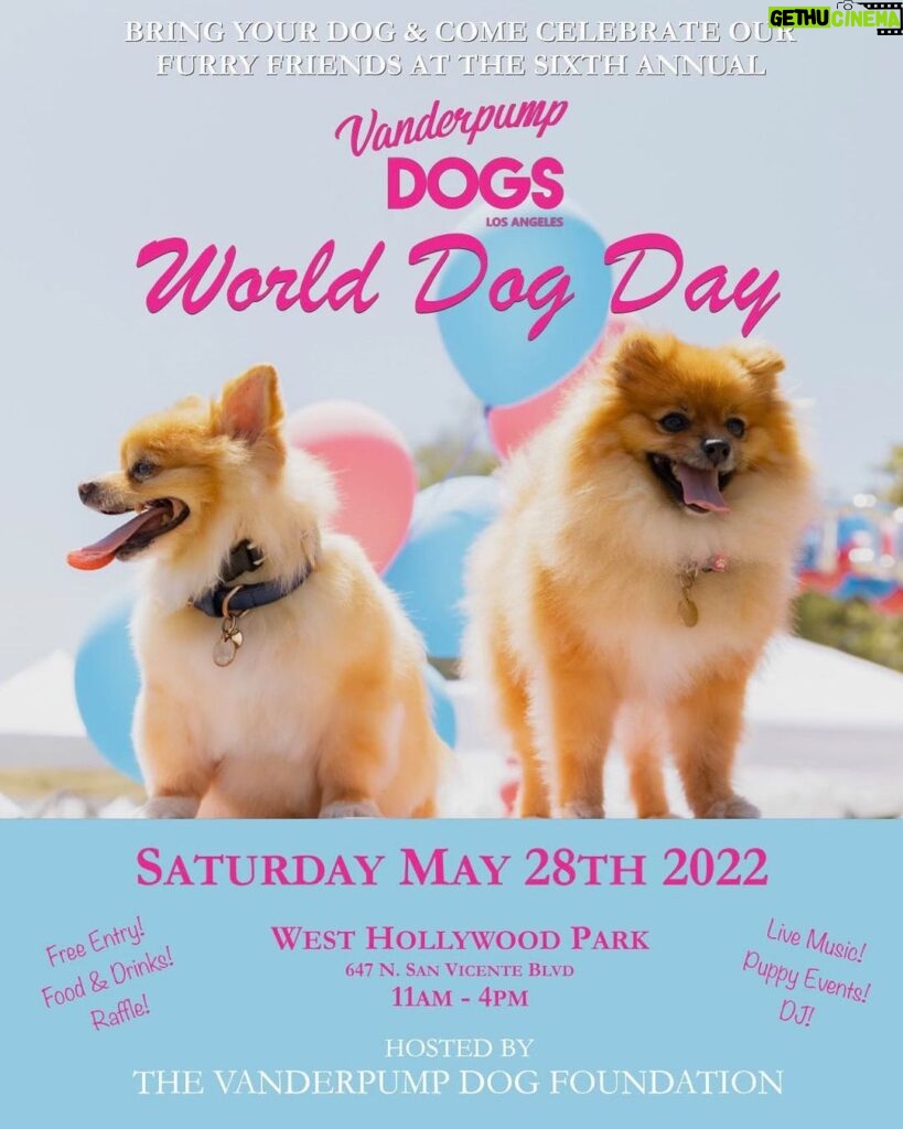 Lisa Vanderpump Instagram - 📣🐶 It’s official! Our Sixth Annual WORLD DOG DAY will be held Saturday, May 28th at the West Hollywood Dog Park! Co-sponsored for the last 5 years by The City of West Hollywood (@wehocity) and Hosted by @lisavanderpump, this event is not to be missed! Come join us for a day of tail wagging fun at our outdoor event, celebrating and supporting dogs both domestically & internationally! There will be lots of fantastic vendors, food & drink, doggy fashion shows, doggy events, adoptions, music, entertainment and more! Want to be a Sponsor or Vendor? Email: summer@vanderpumpdogs.org or DM us! Want to help? We are recruiting volunteers for the day of! Want to have fun? Come join and bring your furry friends, it’s free! Mark your calendars! We can’t wait to see you all there! 💗🐶🐾 Vanderpump Dogs
