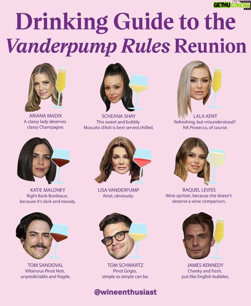 Lisa Vanderpump Instagram - The perfect guide for tonight’s #PumpRules viewing from @wineenthusiast ! We’ll take a Rosé, obviously!