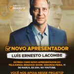 Luís Ernesto Lacombe Instagram - ESTREIA do jornalista Lacombe como apresentador do telejornal Bradock Show, com Rodrigo Constantino, Fabiana Barroso e convidados. Siga @BradockShow no Instagram, Twitter X e YouTube e assista ao programa, de segunda a sexta. A partir de 11 de março, segunda-feira, das 20h às 21h30.