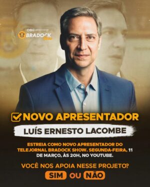 Luís Ernesto Lacombe Instagram - ESTREIA do jornalista Lacombe como apresentador do telejornal Bradock Show, com Rodrigo Constantino, Fabiana Barroso e convidados.

Siga @BradockShow no Instagram, Twitter X e YouTube e assista ao programa, de segunda a sexta.

A partir de 11 de março, segunda-feira, das 20h às 21h30.