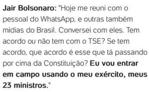 Luís Ernesto Lacombe Instagram - A canalhice de um jornal… Manchete da Folha/Uol: “PF tem vídeo em que Bolsonaro diz que iria ‘entrar em campo com seu exército’”. E a transcrição do que diz Bolsonaro no tal vídeo: “EU VOU ENTRAR EM CAMPO USANDO O MEU EXÉRCITO, MEUS 23 MINISTROS”.