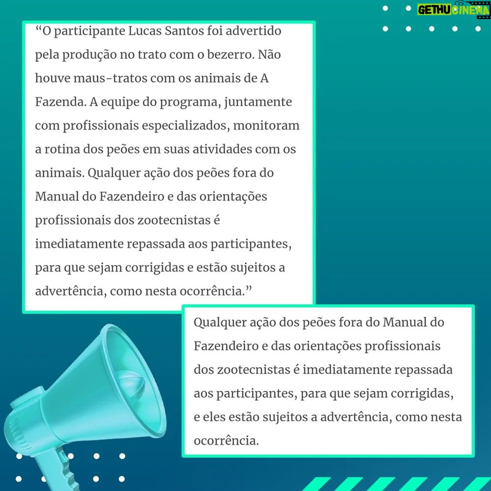 Lucas Santos Instagram - Já imaginou estar sendo atacado duramente por algo que NÃO fez e nem saber o que está rolando para conseguir se defender? É isso que o Lucas está enfrentando nos últimos dias. Recentemente, nosso menino vem sendo alvo de inúmeros ataques infundados, baseados em vídeos cortados que distorcem uma brincadeira de “mau gosto” feita pelo peão durante o trato dos animais. E nós, #TeamLucas, não podemos nos calar diante de tamanha injustiça! Como mostrado na íntegra durante a edição da última segunda (27), NÃO HOUVE MAUS-TRATOS, houve sim uma brincadeira de mau tom que jamais passaria disso, uma brincadeira. Quem conhece a essência do Lucas sabe que ele jamais causaria algum dano a qualquer ser, principalmente aos animaizinhos. Sabemos que essa série de ataques vão causar indignação e tristeza a ele quando deixar o reality, e por isso, estamos tomando todas as medidas necessárias para a responsabilização dos ataques mentirosos. Atenciosamente, Equipe Lucas. 🚀 #NãoHouveMausTratos #JustiçaPeloLucas #LucasNaAFazenda14 #PronunciamentoOficial #EquipeLucas #TeamLucas #Foguetinhos