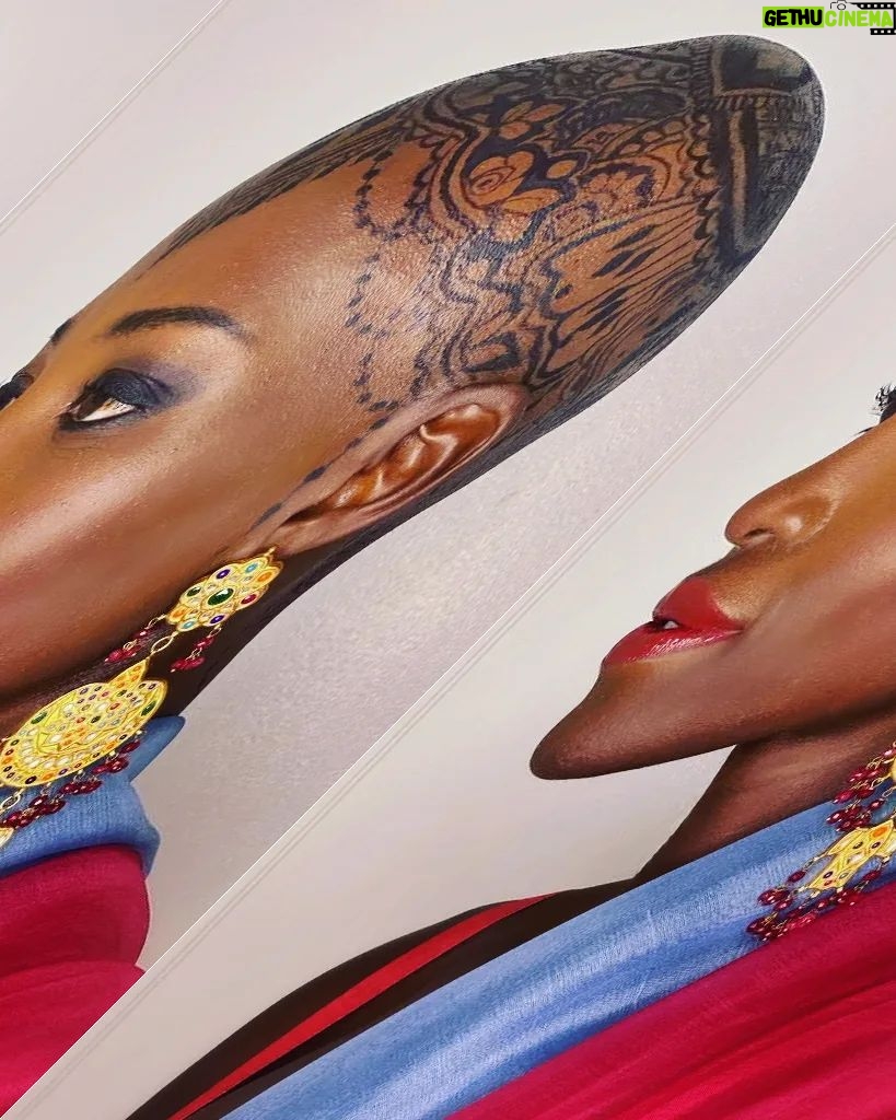 Lupita Nyong'o Instagram - THE STORY OF MY HEAD: I met @hennabysabeen last year at a wedding in Pakistan. She did the #HennaDesign for the bride and I was ASTOUNDED by the INTRICACY and BEAUTY of her work. There was something unique about the way she expressed herself in henna art. And I promised myself, "One day I will have a reason to work with Sabeen." : 1.5 years later, when I got the invitation to attend the opening night of my dear friend, Mira Nair's @monsoonmusical, I was scrambling at the last minute to find something to wear. I borrowed a sari and jewelry from @mishajapanwala, the bride from Pakistan, but the look didn't feel complete... : And then, in the middle of the night, an image SHOT into my mind of a henna design covering my bald head!!! I could do something special and different, to celebrate the culture using the canvas readily available to me! I was so excited by the idea that I could not go back to sleep. Misha connected me to Sabeen, and we were ON OUR WAY... : Sabeen had NEVER designed for a head before; I had never done such a thing before either. My only prompt to her was that I wanted a widow's peak (homage to the bindhi, borla / maang tikka), the rest was ALL HER INNOVATION. She suggested #jagua, a natural dye from the jagua fruit of South America that would be dark enough to give good contrast to my dark skin ☺️. : We were both excited and terrified. What if it went wrong or looked funny??? Well, I thought, I can always wear a head wrap.... : But Sabeen BROUGHT IT! We stopped now and again so that I could give her feedback because she was DETERMINED to leave me a happy client. And Sabeen was METICULOUS. She did not stop until it was perfect. When we looked at the finished head... we were both GRINNING! : It takes about 24 hours for the dye to really show up. And when it came in, in FULL CONTRAST the next day, I was simply MOVED. It was beautiful. It was bold and elegant; it had a point of view. We had not played it safe, and it had paid off. And I had found a new way to express myself without hair! : So the moral of this story is: DARE YOURSELF TO SEEK OUT BEAUTY IN NEW WAYS. And, Sabeen, thank you for bestowing on me the beauty of your hand and history!