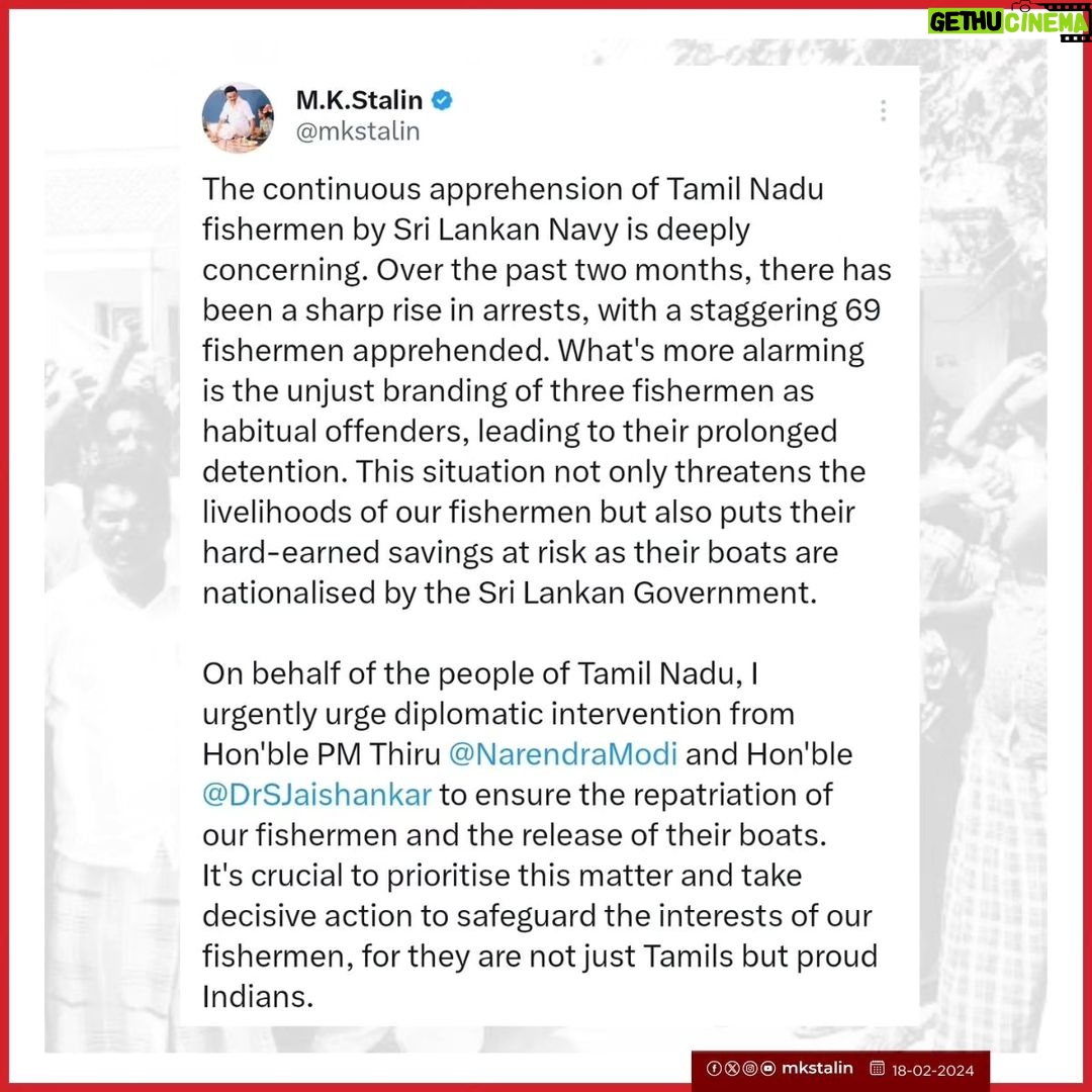 M. K. Stalin Instagram - தமிழ்நாட்டு மீனவர்கள் இலங்கைக் கடற்படையினரால் தொடர்ந்து கைது நடவடிக்கைக்கு உள்ளாவது மிகுந்த கவலையளிக்கிறது. கடந்த இரண்டு மாதங்களில், இத்தகைய கைது நடவடிக்கைகள் மிகவும் அதிகரித்திருக்கின்றன; இக்காலத்தில் 69 மீனவர்கள் கைது செய்யப்பட்டுள்ளனர். இதைவிட அதிர்ச்சியளிப்பது என்னவென்றால், மூன்று மீனவர்களை 'மீண்டும் மீண்டும் குற்றம்புரிபவர்' (habitual offender) பட்டியலில் அநியாயமாகச் சேர்த்து விடுவிக்காமல் தொடர்ந்து சிறையில் அடைத்திருப்பதுதான். இது நமது மீனவர்களின் வாழ்வாதாரத்தை பாதிப்பது மட்டுமல்லாமல், அவர்களது படகுகளை நாட்டுடைமையாக்கும் இலங்கை அரசின் செயல் சிறுகச் சிறுகச் சேர்த்த சேமிப்புகளையும் அழிக்கிறது. மாண்புமிகு இந்தியப் பிரதமர் அவர்களும், மாண்புமிகு ஒன்றிய வெளியுறவுத் துறை அமைச்சர் திரு. ஜெய்சங்கர் அவர்களும் உடனடியாக இதில் தலையிட்டு நமது மீனவர்கள் விடுதலை செய்யப்படுவதையும் அவர்களது படகுகள் விடுவிக்கப்படுவதையும் உறுதிசெய்திட வேண்டும் எனத் தமிழ்நாட்டு மக்கள் அனைவரின் சார்பாகவும் நான் கேட்டுக்கொள்கிறேன். இதனை மிகுந்த முக்கியத்துவம் வாய்ந்ததாகக் கருதி, நமது மீனவர்களின் நலனைக் காக்கும் வகையில் உறுதியான நடவடிக்கையை எடுத்திட வேண்டும். ஏனென்றால், அவர்கள் தமிழர்கள் மட்டுமல்ல, பெருமைமிகு இந்தியர்களும் கூட! The continuous apprehension of Tamil Nadu fishermen by Sri Lankan Navy is deeply concerning. Over the past two months, there has been a sharp rise in arrests, with a staggering 69 fishermen apprehended. What's more alarming is the unjust branding of three fishermen as habitual offenders, leading to their prolonged detention. This situation not only threatens the livelihoods of our fishermen but also puts their hard-earned savings at risk as their boats are nationalised by the Sri Lankan Government. On behalf of the people of Tamil Nadu, I urgently urge diplomatic intervention from Hon'ble PM Thiru @narendramodi and Hon'ble @drs.jaishankar to ensure the repatriation of our fishermen and the release of their boats. It's crucial to prioritise this matter and take decisive action to safeguard the interests of our fishermen, for they are not just Tamils but proud Indians. Link in Bio