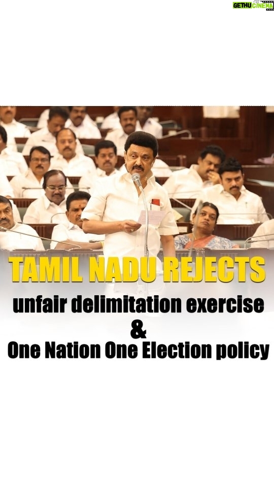 M. K. Stalin Instagram - Today marks a watershed moment for Tamil Nadu as we take a decisive stand against Union BJP Government's authoritarian agenda. We refuse to be treated as second-class citizens and have unanimously passed two resolutions: one to shield our state from unfair delimitation exercise, ensuring that we are not punished for our socio-economic progress and successful population control measures; and another staunchly opposing the undemocratic #OneNationOneElection fantasy, which threatens the very fabric of our diverse democracy. Tamil Nadu's resolve is unyielding, our spirit indomitable. #DefendDemocracy #RejectBJP