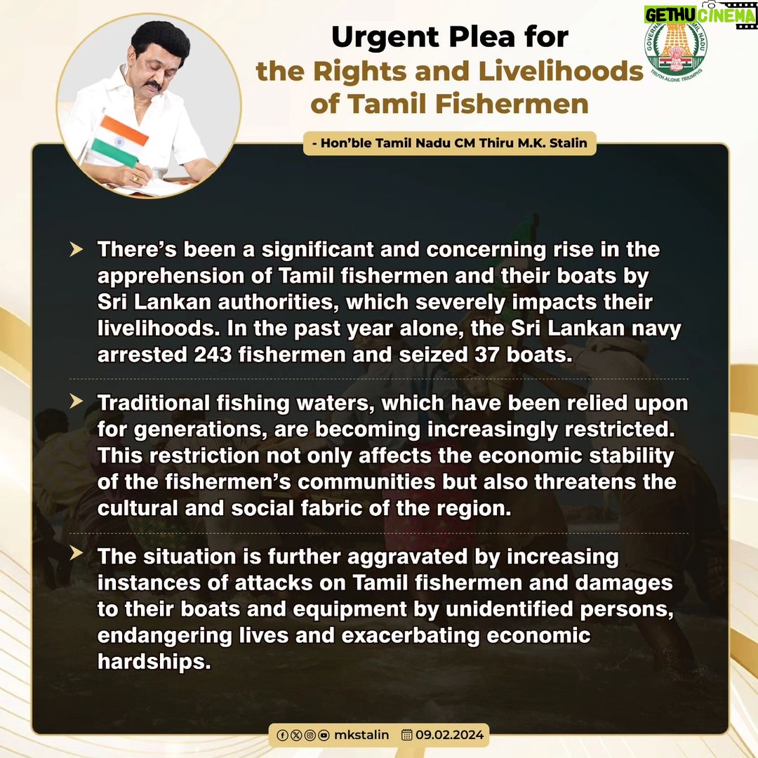 M. K. Stalin Instagram - Urging Hon'ble PM Thiru. @narendramodi to address the urgent issue of Tamil fishermen's apprehension by Sri Lankan authorities. Recent weeks saw 88 fishermen & 12 boats seized. The nationalisation of seized boats by Sri Lankan Government exacerbates their plight. We need diplomatic efforts for their safety & the return of detained fishermen by Sri Lanka, Pakistan, & Kuwait. Immediate action is vital. #TamilFishermen
