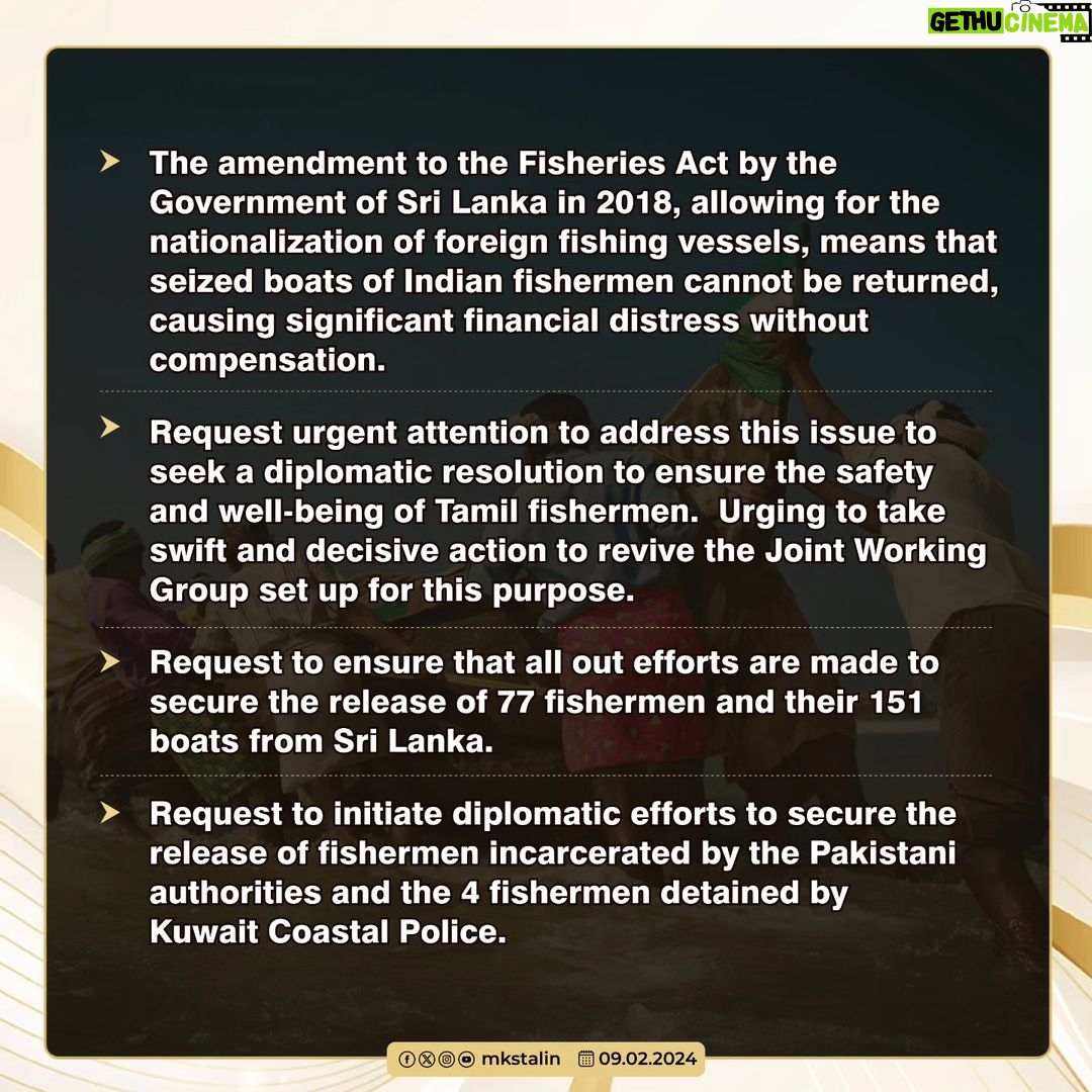 M. K. Stalin Instagram - Urging Hon'ble PM Thiru. @narendramodi to address the urgent issue of Tamil fishermen's apprehension by Sri Lankan authorities. Recent weeks saw 88 fishermen & 12 boats seized. The nationalisation of seized boats by Sri Lankan Government exacerbates their plight. We need diplomatic efforts for their safety & the return of detained fishermen by Sri Lanka, Pakistan, & Kuwait. Immediate action is vital. #TamilFishermen