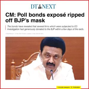 M. K. Stalin Instagram - Sharing my recent interview with DTNext - reflecting on Tamil Nadu's progress over the past 3 years despite the BJP-led Union Govt's funding hurdles, #ElectoralBondsScam, #CAA, Seat sharing, #2024GeneralElections and much more...

Link in Bio