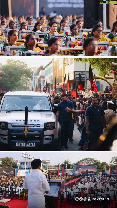 M. K. Stalin Instagram - இன்றைய #KolathurVisit-இல், அரசு சார்பிலும் #கலைஞர்100 கொண்டாட்டங்களின் ஒரு பகுதியாகத் திராவிட முன்னேற்றக் கழகத்தின் சார்பிலும் நடைபெற்ற பல்வேறு நிகழ்ச்சிகளில் பங்கேற்றேன். மேயர் சிட்டிபாபு பூங்கா மற்றும் விளையாட்டுத் திடல் உள்ளிட்ட ரூ.36.99 கோடி செலவிலான முடிவுற்ற திட்டப் பணிகளைத் திறந்து வைத்து, ரூ.205.40 கோடி மதிப்பீட்டிலான புதிய திட்டப் பணிகளுக்கு அடிக்கல் நாட்டினேன். #AnithaAchieversAcademy-இல் பயிற்சி முடித்த 482 மாணவ - மாணவியர்க்குச் சான்றிதழ், மடிக்கணினி மற்றும் தையல் இயந்திரங்களை வழங்கினேன். இந்தப் பயிற்சி மையத்தில் இதுவரை 1,742 மாணவர்களுக்குப் பயிற்சியளித்து, மடிக்கணினி உள்ளிட்டவற்றை வழங்கி, வேலைவாய்ப்பையும் பெற்றுத் தந்துள்ளோம். கட்சி, ஆட்சி இரண்டையுமே தொய்வற்ற மக்கள் பணிக்கான நல்வாய்ப்பாகவே எண்ணிச் செயல்பட்டு வருகிறோம்!