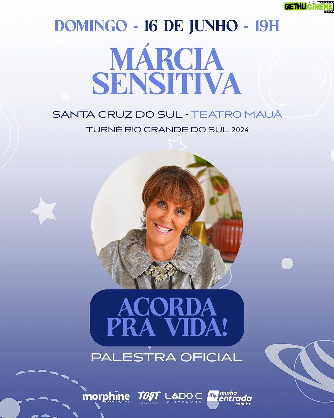 Márcia Fernandes Instagram - “PARA DE SER DOIDA!”,“VOA CARA, VOA!” 🗣️ Quem não conhece essas frases icônicas da marciafernandes, a @sensemarcia? A sensitiva mais querida e popular do Brasil, Márcia Sensitiva, vem ao Rio Grande do Sul para uma turnê da sua palestra “ACORDA PRA VIDA!”. 💫 Atenção Caxias do Sul, Lajeado, Pelotas, Santa Cruz do Sul e Santa Maria: vendas abertas na Minha Entrada! Você já passou por uma situação em que parece que você perdeu o rumo e não consegue mais encontrar uma solução para os seus problemas? Isso pode acontecer em todas as áreas da sua vida. Talvez você só precise PARAR DE SER DOIDA, focando e desejando coisas que não são tão importantes assim, e passar a direcionar seus pensamentos para o que realmente importa. Ou talvez você precise ACORDAR PRA VIDA e se libertar de sentimentos negativos, ao invés de criar correntes pra se amarrar ainda mais. VOA CARA, VOA! 🚀 Ao final do evento, teremos uma ENERGIZAÇÃO COLETIVA com a corrente médica Dr. Bezerra de Menezes. Indicamos fazer o JEJUM ESPIRITUAL (FICAR POR 2 DIAS SEM SEXO, ÁLCOOL, FUMO e CARNE VERMELHA). 🙌 Então COOOOOORRE. Garanta já a sua presença nesse evento pra você ACORDAAAAR. Te esperamos lá! ❤️ ✨MÁRCIA SENSITIVA - PALESTRA ACORDA PRA VIDA! - TURNÊ RS✨ 📌 15 de junho (sábado), 19 horas: Caxias do Sul no UCS Teatro 📌 16 de junho (domingo), 19 horas: Santa Cruz do Sul no Teatro Mauá 📌 18 de junho (terça-feira), 20 horas: Pelotas no Theatro Guarany 📌 21 de junho (sexta-feira), 20 horas: Santa Maria no Park Hotel Morotin 📌 22 de junho (sábado), 19 horas: Lajeado, no Teatro Univates Venha ouvir os conselhos da Márcia pra você parar de ser doida! VOA CARA, VOA! ❤️ #marciasensitiva #acordapravida #caxiasdosul #santacruzdosul #pelotas #santamaria #lajeado