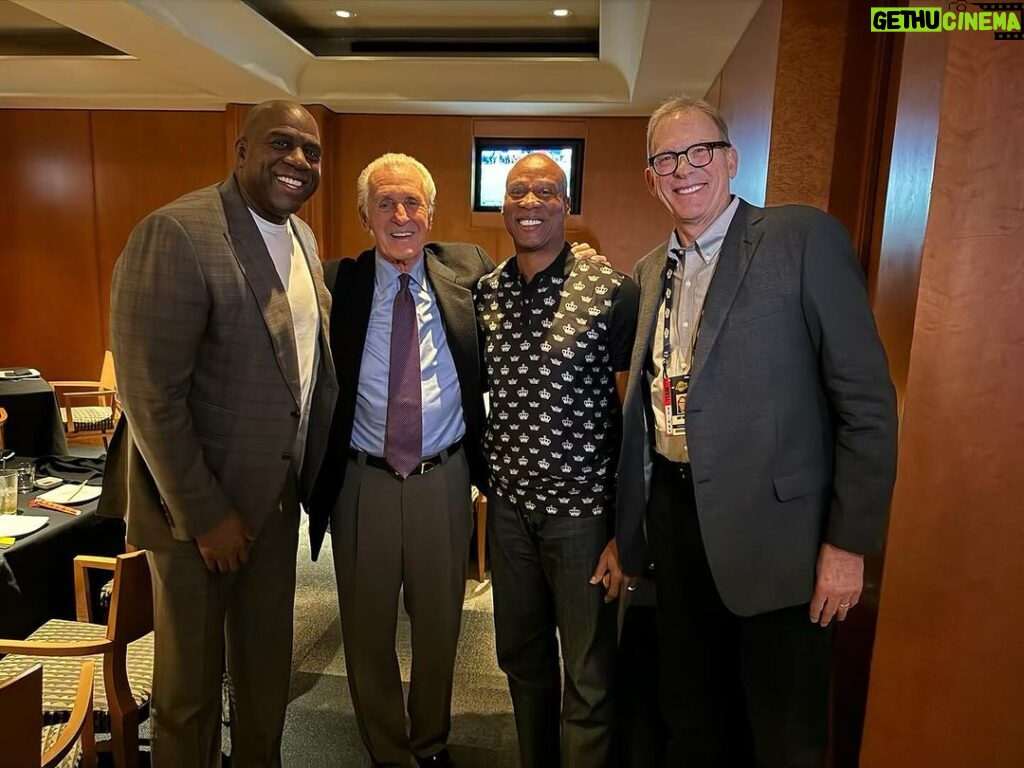 Magic Johnson Instagram - Me and my Showtime Laker teammates Byron Scott and Kurt Rambis had dinner with our Showtime Laker Hall of Fame Coach Pat Riley before the game tonight! A big thank you to Lon Rosen and Linda Rambis for bringing us together!