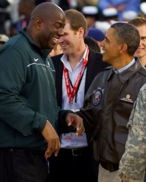 Magic Johnson Instagram - It’s an honor to say that I was in the crowd to witness the inauguration of this country’s first Black President, Barack Obama, and First Lady, Michelle Obama, in 2008! Their eight years in the White House were historic in many ways, their representation broke down barriers and inspired countless people across the country. 

I admire President Obama’s dedication to the people and the impact he’s made across the world. It was a pleasure to work with him as co-chair of My Brother’s Keeper and provide academic assistance to young minority boys under the third grade. His impact is just as nice on the basketball court, too! Cookie and I were invited to a barbecue at the White House, and I played in a pickup game with President Obama and current and former NBA players. The game was tied and President Obama drained the game-winning shot and held his Michael Jordan against Utah in the NBA Finals pose for all to see! 😂 Barack, God bless you and Michelle for changing our country and the world forever!