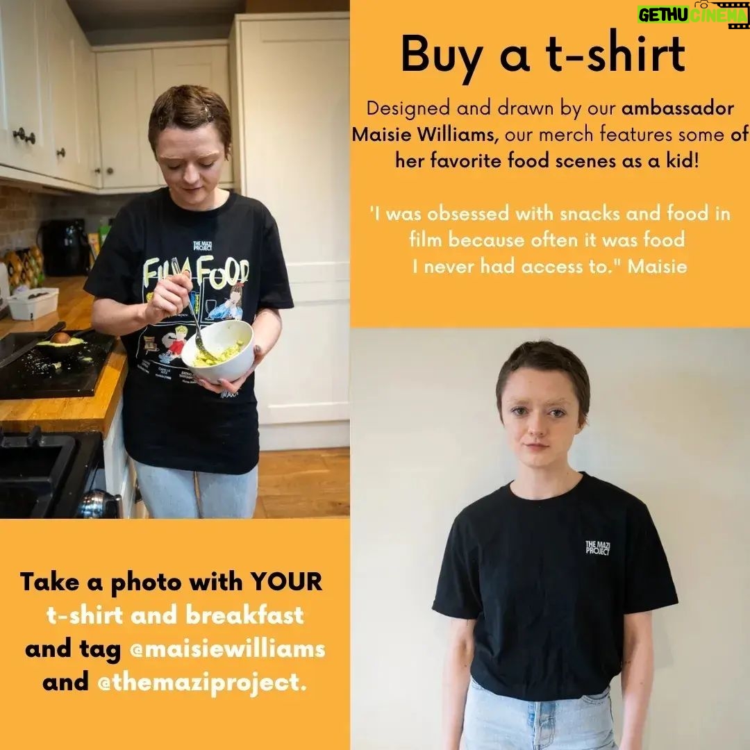Maisie Williams Instagram - π Support 16 - 25 year olds facing food poverty π We have seen a 45% increase in referrals for our aMAZing Meal Kits since end of September due to young people struggling to afford to eat. How you can support π« - Donate: Just Β£30 secures aMAZIng Meal kit for a young person - Sponsor us: Get in touch to sponsor our org and buy fresh and dry ingredients for tasty and nutritious meals. - Buy a t-shirt or a tote: our ambassador, Maisie Williams has designed and drawn some of her favourite moments of food infill. - Come to our fundraiser: A tasty four course meal cooked by @summersharkey and our aMAZing young people, with speeches from Maisie, Charlie and more!!! Letβs come together this winter and create long term change! π #themaziproject #mazi #maisiewilliams #ambassador #together #bristol #bristolfood #celebrity #donate #support #youngpeople #disadvanataged #community #empower #organisation #bristolorg #freshfood #