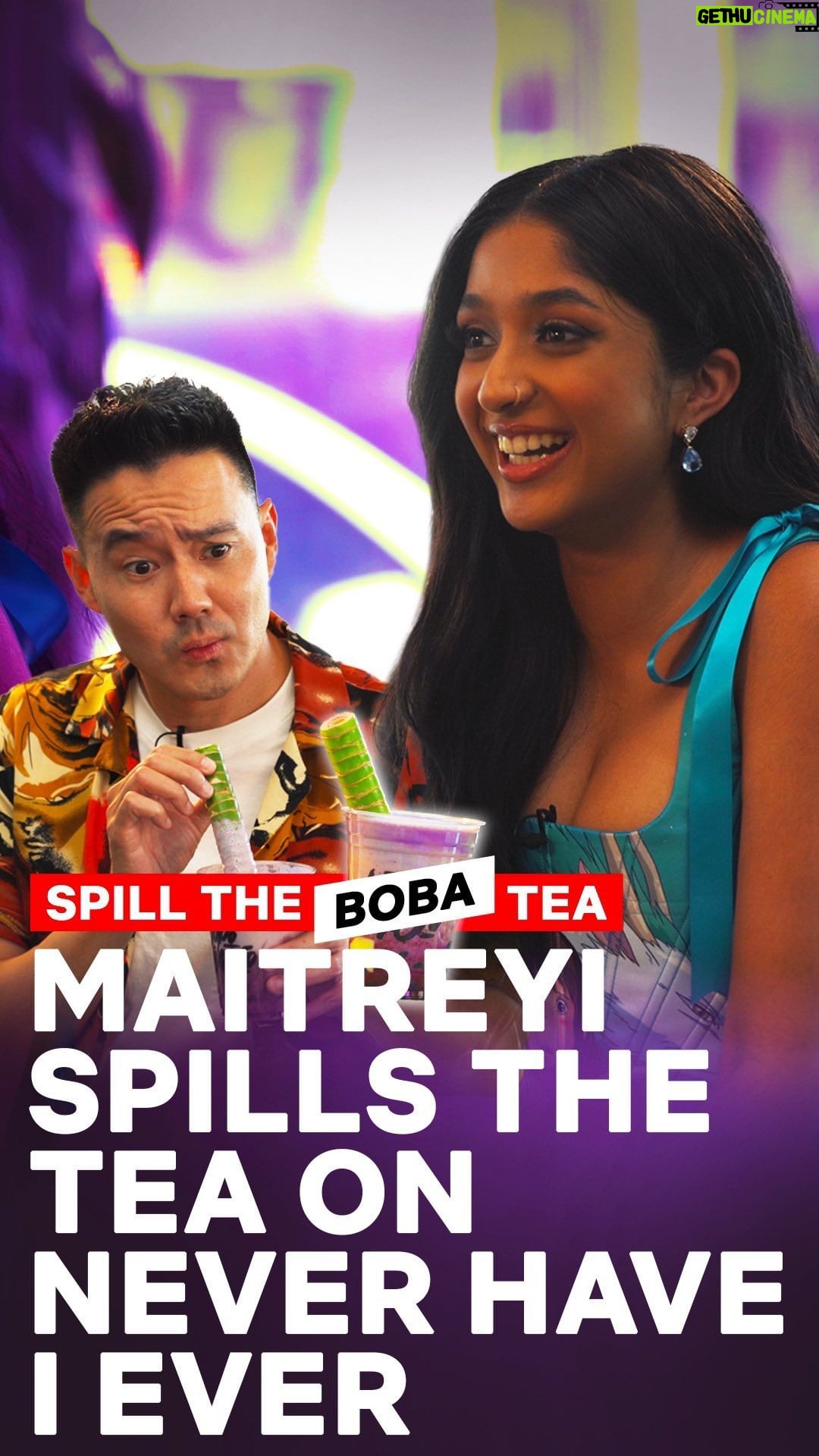 Maitreyi Ramakrishnan Instagram - @neverhaveiever’s @maitreyiramakrishnan is in the hot seat for our latest episode of #SpilltheBobaTea with @wongfuphil at @bopomofocafe!