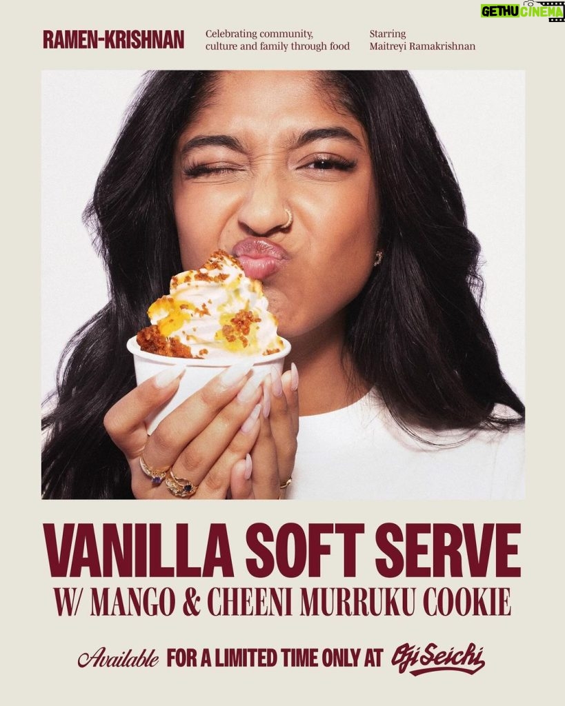 Maitreyi Ramakrishnan Instagram - the RAMEN-KRISHNAN is now available at @ojiseichi❤️🍜 This collaboration has been so amazing and I am beyond excited to finally get to share it out into the world. I got to blend Tamil flavours into both the ramen and icecream to get something truly amazing. Both are ammah approved because she helped too! We love being Tamil, and we love supporting local businesses in this household so try it while you can (because it’s only available for a limited time)! also huh what interesting clothes I’m wearing… it looks like something I designed myself… I wonder if they’d be available to the public… guess we’ll have to wait👀❤️