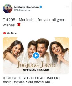 Maniesh Paul Instagram - I have no words!!! This took time to sink in!! @amitabhbachchan sir thank you so much for your wishes…this has encouraged me soooo much that I can’t explain…I’m a fanboy for life and you know it🤗🤗🙏🏼🙏🏼🙏🏼 #mp #bachchan #wishes #jugjuggjiyo #film #blessings #godiskind