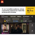 Maniesh Paul Instagram - _IMDB Review_ We just want to say THANK YOU! Join us in Celebrating this Incredible Milestone! 🎊❤️ Watch #RafuchakkarOnJioCinema streaming free, NOW! Produced by #JyotiDeshpande #ArjunSingghbaran #KartkDNishandar and Directed by #RitamSrivastav @manieshpaul @priyabapat @akshapardasany @officialjiostudios @jiocinema @gseamsak @shirin_sewani @officialsushantsingh @vikramkochhar @aakashdahiya002 @iambrij0808 @chahatvig @bhawsheel @lekhaprajapati @actortrupti @kuldeepsareen @pravinadeshpande @arjunsbaran @kartiknishandar @ritams18 @tejkarran @miiteshjethvva @himanichauhan @uditsangghvi @nitinzanwar @amitrajmusic @kshitijpatwardan @paragnm #Rafuchakkar #JioCinema #JioStudios #GSEAMS #ArjunSingghBaran #KartkDNishandar #RafuchakkarOnJioCinema #JyotiDeshpande #ManieshPaul #PriyaBapat #AkshaPardasany #SushantSingh