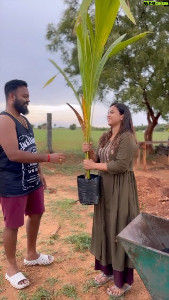 Manimegalai Instagram - Planting தென்னை மரம் in my place is My life time dream, ஆசை & it happened today 🌴🌴🌴 My love for தென்னை மரம் never ends 😍😍 Our first set of trees in Farm House 🫶💛 PS : We planted only after removing cover. It just look like black colour sand. VC : @gunasphere #HussainManimegalai #tendercoconut #village #nature