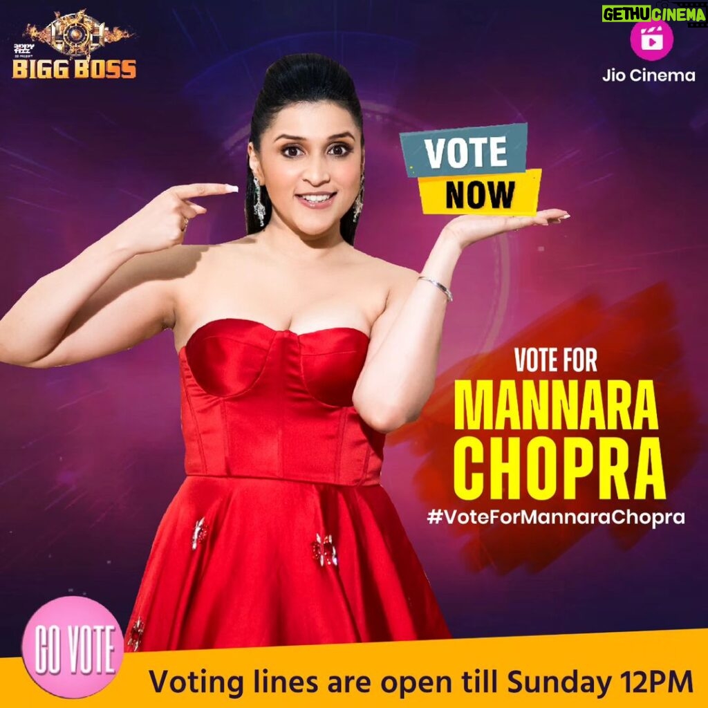 Mannara Instagram - #𝗩𝗼𝘁𝗲𝗙𝗼𝗿𝗠𝗮𝗻𝗻𝗮𝗿𝗮𝗖𝗵𝗼𝗽𝗿𝗮 🗳 Your Punjabi kudi needs your endless support to win the Bigg Boss - 17 trophy! 🏆 Download Jio app and vote for me, hurry up!! 🚀 Voting lines are open till 12PM, Sunday. Thank you for being my rock-solid supporters! 😇🤘🌟 #voteforme #bb #bb17 #mannarachopra #manara #biggboss #colors #biggboss17 #supportme #Mannarians #manna