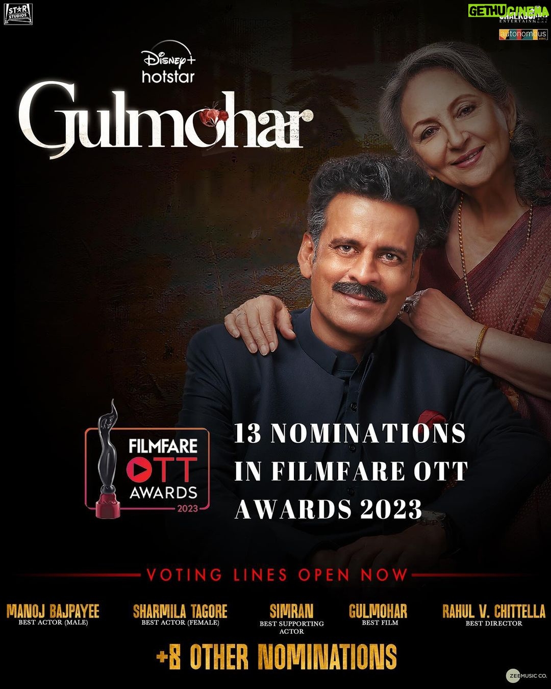 Manoj Bajpayee Instagram - Hearts are abloom with love and pride as #Gulmohar bags an incredible 13 Filmfare OTT Awards in 2023! 🌟 Let's bring the glory home, voting lines are now open! 🔗: Link in bio. #SharmilaTagore @simranrishibagga @surajsharmagram @kavidrama @utsavijhamusic @Santhybee @jatingoswami_official @gandharvdewan @anuraag_arora_official @chalkboardentertainment @zeemusiccompany @siddkhoslamusic @seth_kanishk @talatazizofficial @sethkavita @Koo_ba_koo @vijayganguly @pita625 @eeshitnarain @mansidhruvmehta @mrsheetalsharma @vikeshbhutani @gitika.aggarwal