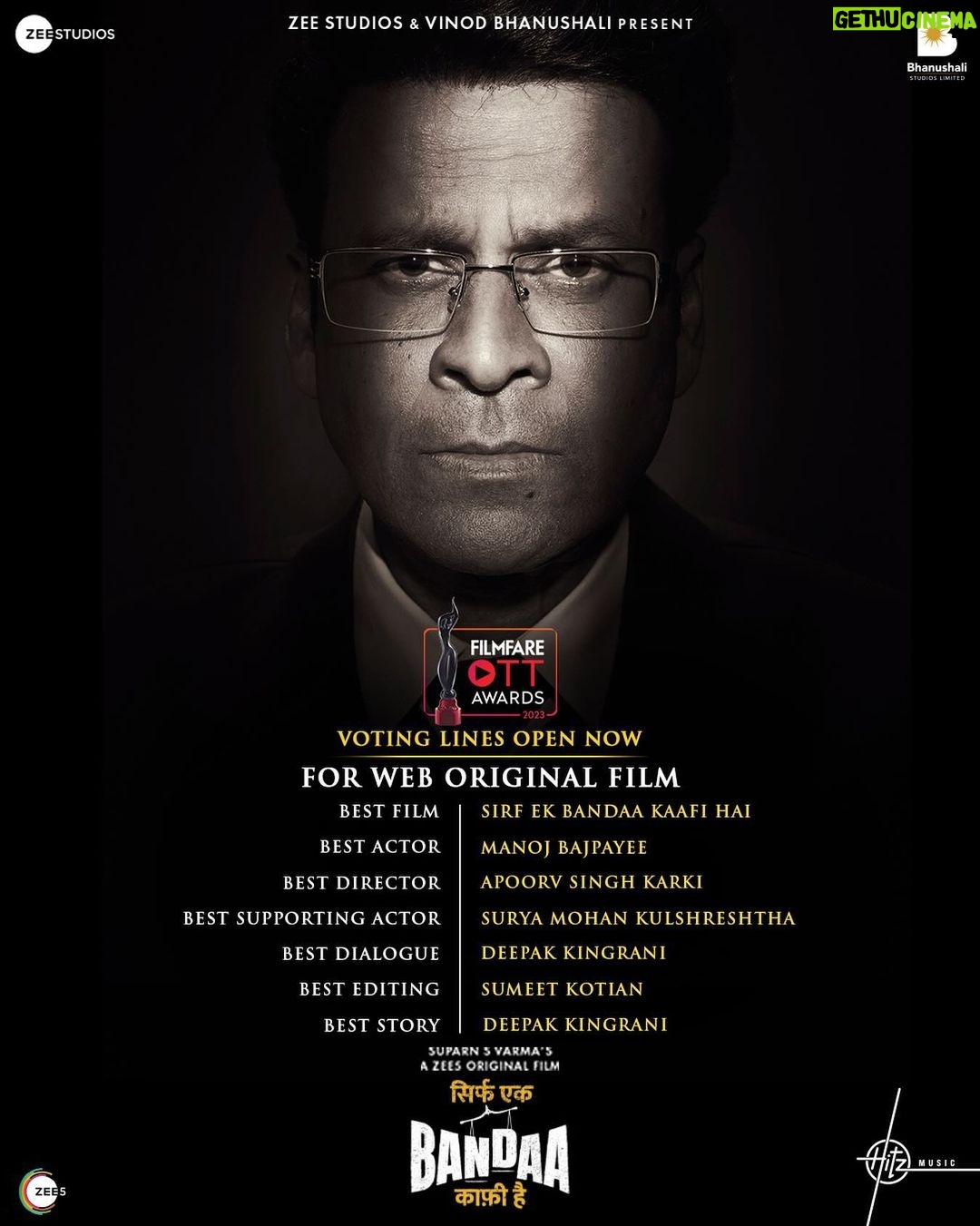 Manoj Bajpayee Instagram - Story of a common man, told by an incredible team 💪 Thank you @filmfare for selecting #SirfEkBandaaKaafiHai for OTT Awards 2023. Voting lines open now: Link in bio. #FilmfareOTTAwards #FilmfareOTTAwards2023 #OTTAwards @bajpayee.manoj @apoorvsinghkarki01 @vinod.bhanushali @suparnverma @bsl_films @zeestudiosofficial #KamleshBhanushali @the_vishal_gurnani @juhiparekhmehtaofficial @arjunkukreti #DeepakKingrani @manish_kalra_ @zee5 @zee5global @hitz.music.official