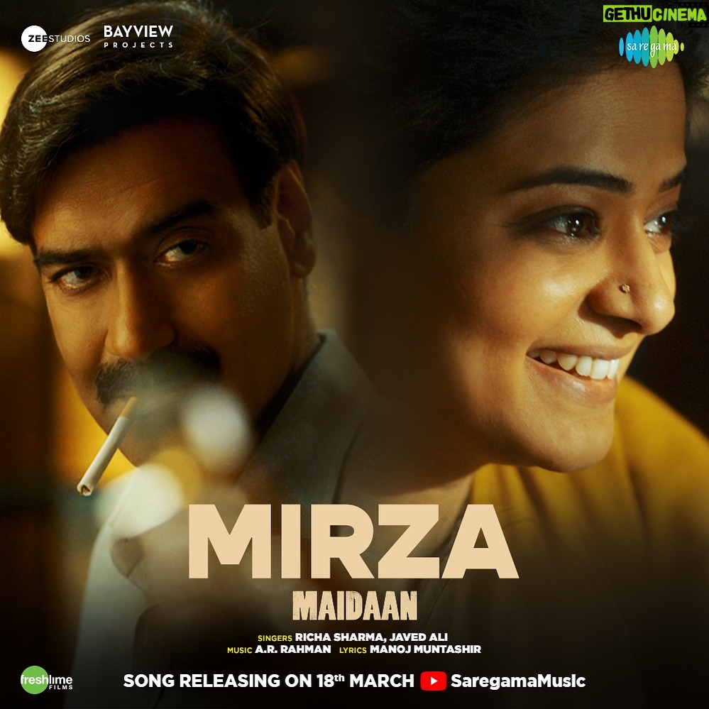 Manoj Muntashir Instagram - Dil ke #Maidaan se jeeth kar, ghar aaya mera #Mirza, a song by @richasharmaofficial and @javedali4u! ❤️ Song releasing on 18th March #Maidaan releasing this Eid @ajaydevgn @pillumani @gajrajrao @boney.kapoor @zeestudiosofficial @iamitrsharma @arrahman @manojmuntashir @bayviewprojectsllp @freshlimefilms @saiwyn @rudranilrudy @writish1 @joysengupta04 @akashaagaya @saregama_official @hydfcofficial @indianfootball @varun.tripuraneni @kalyanchaubey India