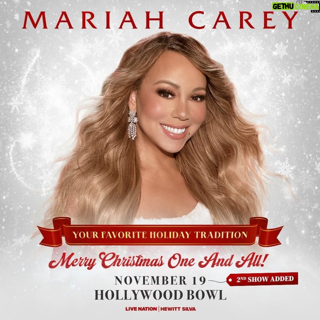 Mariah Carey Instagram - LA, let’s double the fun!! Adding a 2nd tour date at the Hollywood Bowl on Nov 19 🎄❤️ #MerryChristmasOneAndAll Pre-sales start tomorrow. General onsale 10/20 @ livenation.com