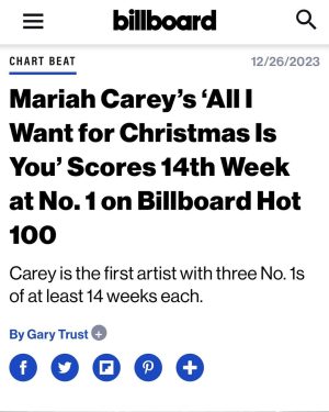 Mariah Carey Instagram - Wow!! Woke up this morning to the incredible news of “All I Want For Christmas Is You” breaking the Spotify record and being #1 on the Billboard Hot 100 & the Global 200 charts! 🤯🎁🥳🤩 And to top it all off - it’s snowy outside!!! ❄️☃️❄️ I can’t thank you enough for making this Christmas (and honestly, this entire season!) so celebratory for me. Even though it is December 26, Christmas never ends for me (ha ha!) and I will keep sharing some of our festive moments from the past week with you! ❤️🎄❤️🎄