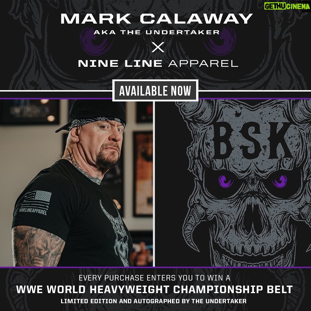 Mark Calaway Instagram - Check out this new shirt!!!! I partnered with @ninelineapparel for this limited time #BSK shirt. Click the link in my bio to purchase yours now. Every purchase enters you in a chance to win a limited-edition @wwe World Championship Title that I will personally autograph! #ninelineapparel #undertaker #markcalaway #americanmade #veteranowned #WWE #wrestling #deadman #champion #usmade