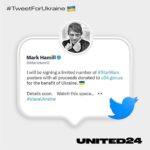 Mark Hamill Instagram - I will be signing a limited number of #StarWars posters with all proceeds donated to u24.gov.ua for the benefit of Ukraine. 🇺🇦 Details soon. Watch this space... 👀 #slavaUkraine #Repost @u24.gov.ua ・・・ Our ambassador, @markhamill, recently posted on Twitter that he will be signing Star Wars posters, with all the profits being transferred to aid Ukraine via UNITED24. We gladly confirm that, and also add that we will raffle each of them among our donors. As Mark said, details soon. 🇺🇦 Наш амбасадор Марк Гемілл нещодавно повідомив на своїй сторінці в Twitter, що підпише декілька постерів, весь прибуток з яких перекажуть на допомогу Україні через UNITED24. Підтверджуємо та додамо від себе, що розіграємо кожен із них серед наших донорів. Як сказав Марк, деталі згодом.