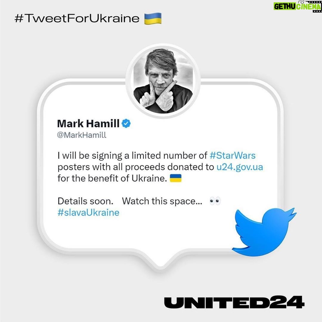 Mark Hamill Instagram - I will be signing a limited number of #StarWars posters with all proceeds donated to u24.gov.ua for the benefit of Ukraine. 🇺🇦 Details soon. Watch this space... 👀 #slavaUkraine #Repost @u24.gov.ua ・・・ Our ambassador, @markhamill, recently posted on Twitter that he will be signing Star Wars posters, with all the profits being transferred to aid Ukraine via UNITED24. We gladly confirm that, and also add that we will raffle each of them among our donors. As Mark said, details soon. 🇺🇦 Наш амбасадор Марк Гемілл нещодавно повідомив на своїй сторінці в Twitter, що підпише декілька постерів, весь прибуток з яких перекажуть на допомогу Україні через UNITED24. Підтверджуємо та додамо від себе, що розіграємо кожен із них серед наших донорів. Як сказав Марк, деталі згодом.