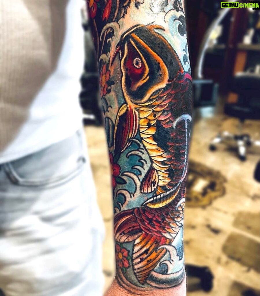 Mark Sheppard Instagram - Beautiful finished Koi by @kevin_f_quinn @1111ad_tattoo Moving toward the completion of my sleeve!