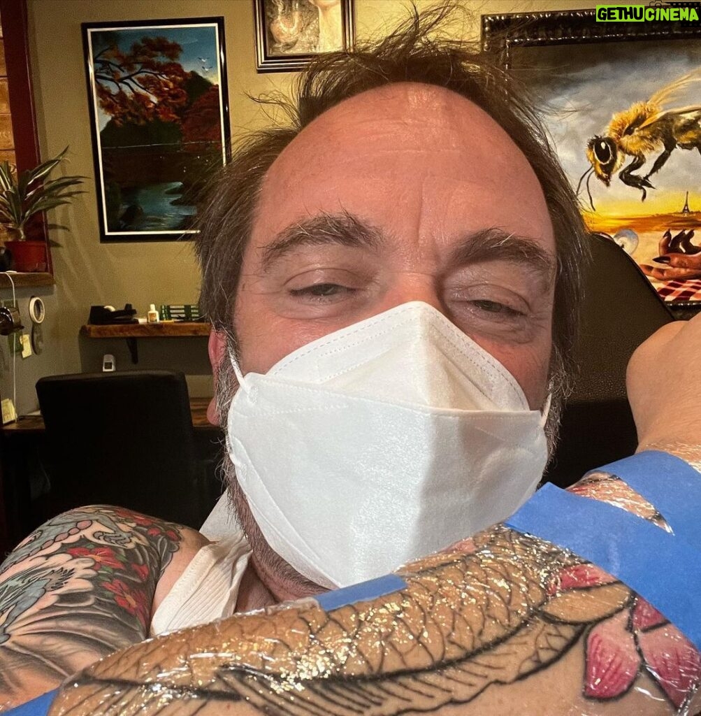 Mark Sheppard Instagram - Back in the saddle again… @1111ad_tattoo with @kevin_f_quinn a special shout out to @tattoonumbingcream and @madrabbit for looking after my skin!