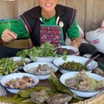 Mark Wiens Instagram – An amazing Akha hill-tribe meal, one of my favorite dishes was the laap Akha (ลาบอาข่า), pork hand minced, loaded with coriander, chili flakes, and a root called rak chu (รากชู), similar to chives. 

Thanks to @asian_oasis Lisu Lodge #ChiangMai #Thailand #AkhaFood