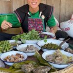Mark Wiens Instagram - An amazing Akha hill-tribe meal, one of my favorite dishes was the laap Akha (ลาบอาข่า), pork hand minced, loaded with coriander, chili flakes, and a root called rak chu (รากชู), similar to chives. Thanks to @asian_oasis Lisu Lodge #ChiangMai #Thailand #AkhaFood