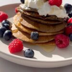 Mark Wright Instagram - HAPPY PANCAKE DAY. Banana Blueberry Pancakes 🥞🤤 Pancakes... but make it healthy and trust me they are soooo good!! Sort of tastes like banana bread but lighter. Ingredients below, all you need to do is pop everything in a blender till smooth then fry in a medium pan as normal (I used a little bit of olive oil for this). Top with whatever you like, I went for protein yoghurt, blueberries, raspberries and honey. 1 banana 75g oats 3 eggs 2 scoops of Vital Proteins Splash of oat milk 1 teaspoon of baking powder Handful of blueberries Toppings of your choice
