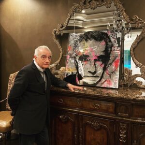 Martin Scorsese Instagram - Thank you to my daughter @francesca.scorsese for this lovely gift! An original painting by @_aarongigi .

TITLE : MEAN STREETS

Details about the piece:
Hand painted on plexiglass and vintage photographs, articles, and cement on a wood panel. 
Size is 30x30 inches. 

NOTE FROM THE ARTIST:
“The layer of concrete covering the movie titles and photographs gives the art this ‘street’ art feel to it. The concrete also symbolizes a legendary and iconic career that will be sealed  in the history cinema forever.”